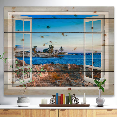 Open Window to Blue Seashore - Landscape Print on Natural Pine Wood