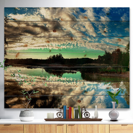 Sky Clouds Mirrored in River Panorama - Landscape Print on Natural Pine Wood