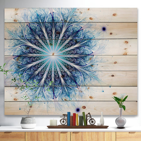 Fractal Flower Light Blue Digital Art - Flower Print on Natural Pine Wood