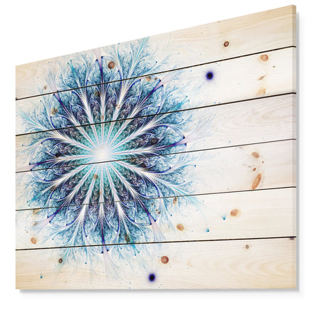 Fractal Flower Light Blue Digital Art - Flower Print on Natural Pine Wood