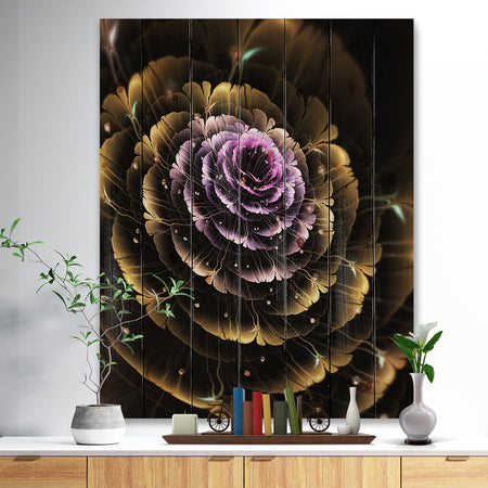 Perfect Fractal Flower in Gold and Purple - Floral Print on Natural Pine Wood