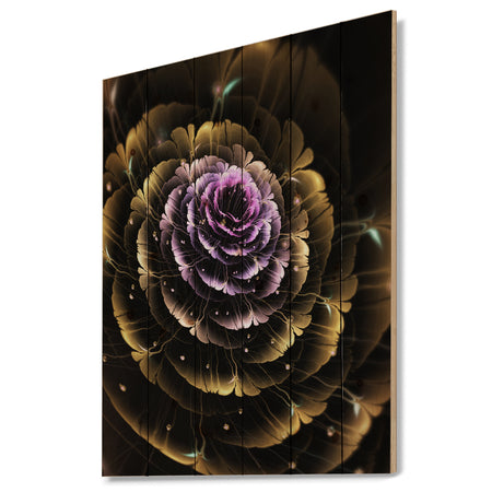 Perfect Fractal Flower in Gold and Purple - Floral Print on Natural Pine Wood