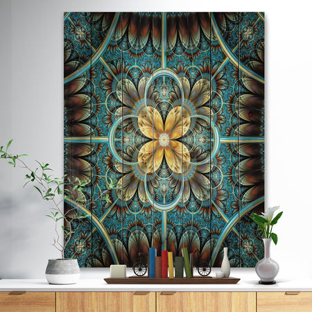 Blue and Yellow Large Fractal Flower Design - Floral Print on Natural Pine Wood