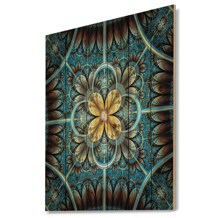 Blue and Yellow Large Fractal Flower Design - Floral Print on Natural Pine Wood