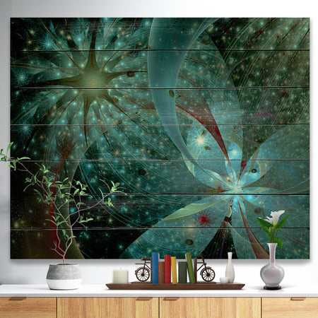 Symmetrical Fractal Flower in Light Blue - Floral Print on Natural Pine Wood