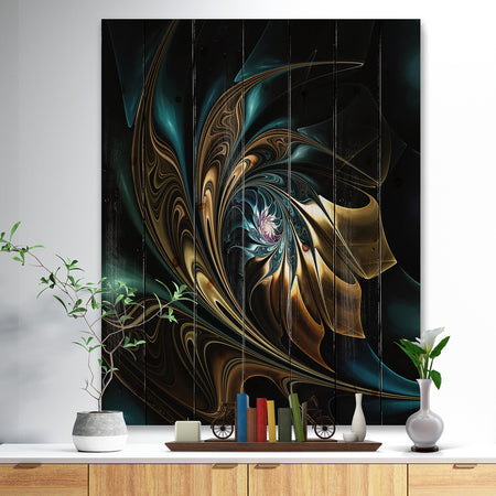 Brown Blue Fractal Flower in Black - Abstract Print on Natural Pine Wood
