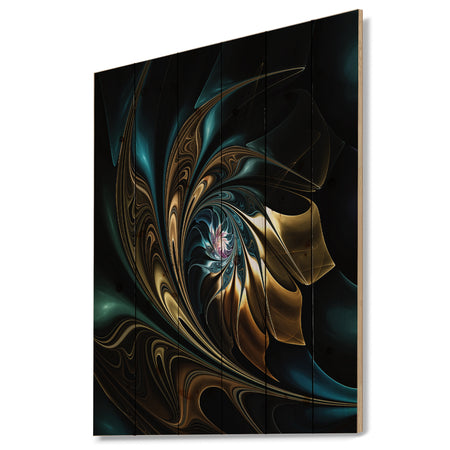 Brown Blue Fractal Flower in Black - Abstract Print on Natural Pine Wood