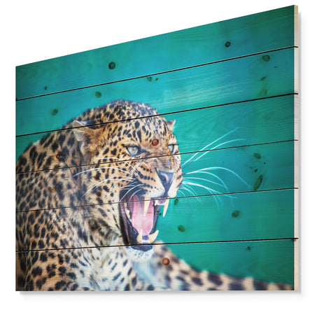 Wild Leopard Close Up View - Abstract Print on Natural Pine Wood