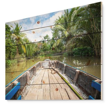 Boat in Mekong River Vietnam - Landscape Print on Natural Pine Wood