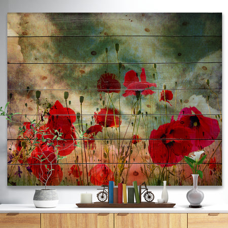 Wild Red Poppy Flowers in Sky - Floral Print on Natural Pine Wood