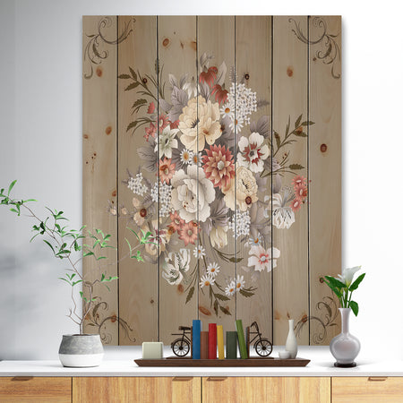 White and Yellow Floral Pattern - Floral Print on Natural Pine Wood