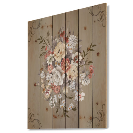 White and Yellow Floral Pattern - Floral Print on Natural Pine Wood