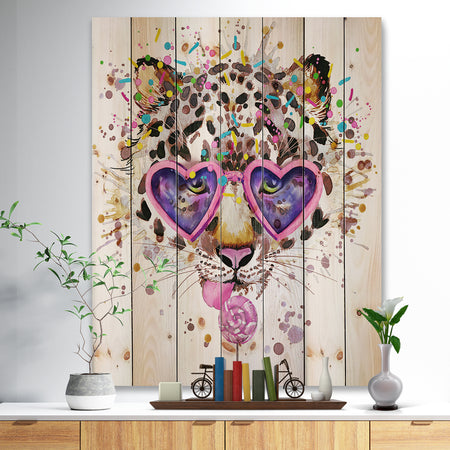 Funny Leopard with Heart Glasses - Animal Print on Natural Pine Wood