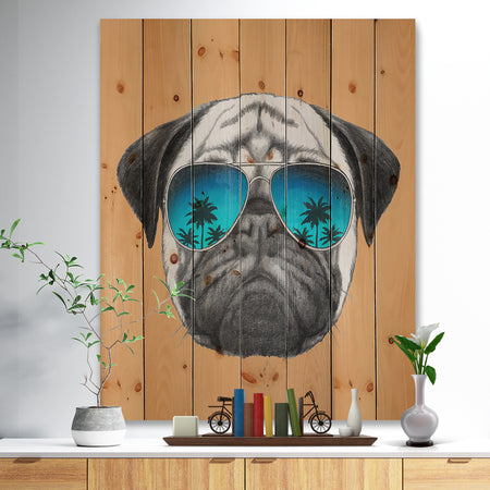 Funny Dog with Blue Glasses - Animal Print on Natural Pine Wood