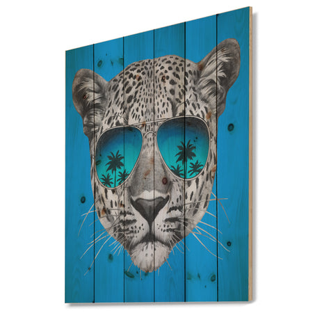 Leopard with Mirror Sunglasses - Animal Print on Natural Pine Wood