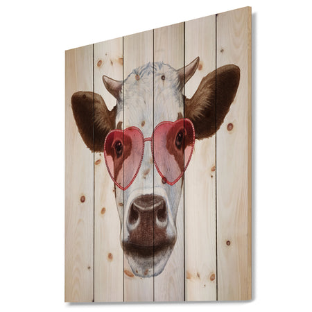 Cow with Red Heart Glasses - Animal Print on Natural Pine Wood