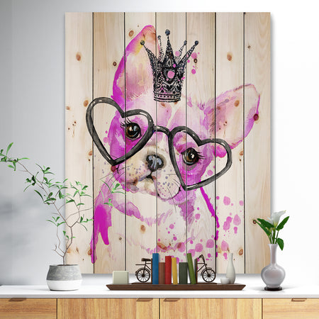 Cute Pink Dog with Heart Glasses - Contemporary Animal Print on Natural Pine Wood
