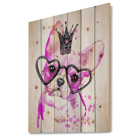 Cute Pink Dog with Heart Glasses - Contemporary Animal Print on Natural Pine Wood