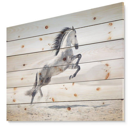 Galloping White Horse - Animal Print on Natural Pine Wood