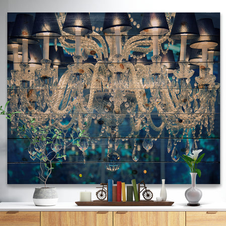 Blue Vintage Crystal Chandelier - Modern Print on Natural Pine Wood