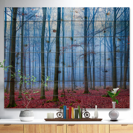 Foggy Forest in Blue and Pink Photo - Modern Forest Print on Natural Pine Wood