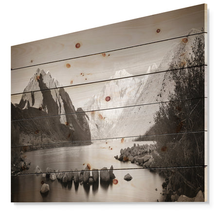 Snow Mountain Lake Panorama - Landscape Print on Natural Pine Wood