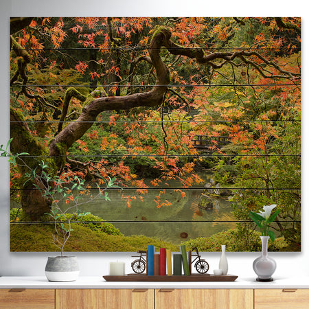Japanese Garden Fall Season - Landscape Print on Natural Pine Wood