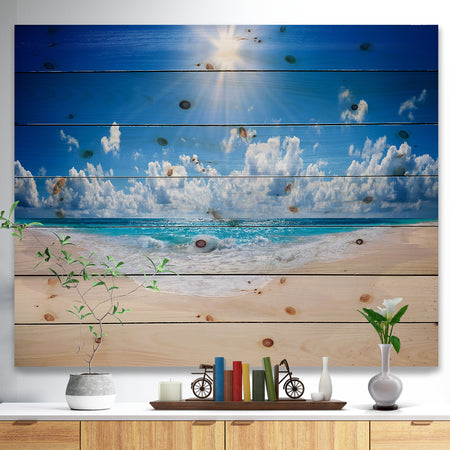 Beautiful Tropical Beach Panorama - Modern Seashore Print on Natural Pine Wood