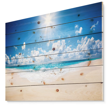 Beautiful Tropical Beach Panorama - Modern Seashore Print on Natural Pine Wood