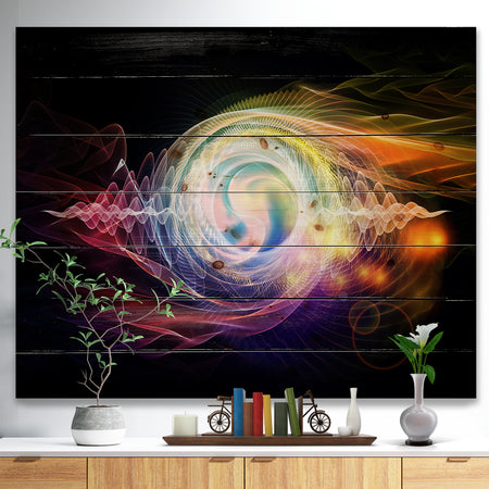 Bright Wave Particle in Air on Black - Large Abstract Print on Natural Pine Wood