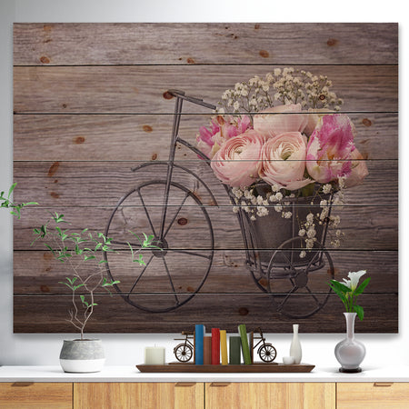 Ranunculus Flowers on Bicycle - Floral Print on Natural Pine Wood