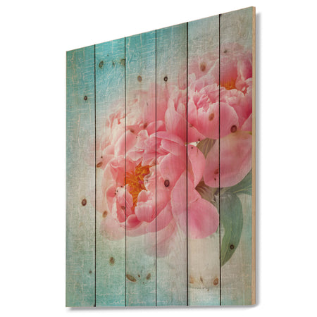 Peony Flowers Merged to Blue - Floral Farmhouse Print on Natural Pine Wood