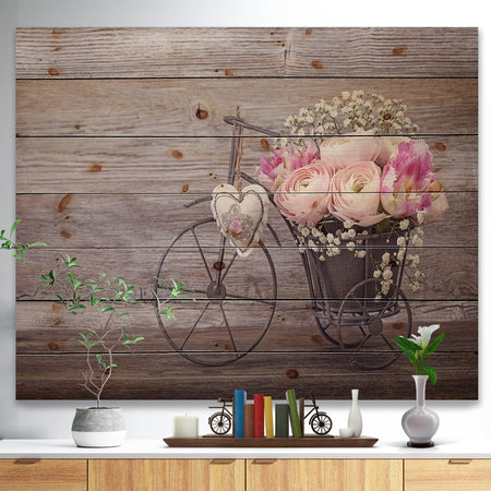 Ranunculus Flowers in Bicycle Vase - Floral Farmhouse Print on Natural Pine Wood
