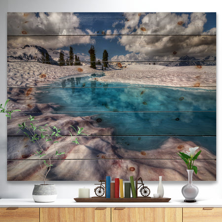 Amazing Blue Melt Lake in Fog - Landscape Print on Natural Pine Wood