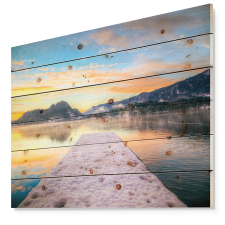 Bled With Lake in Winter Slovenia - Bridge Print on Natural Pine Wood