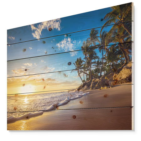 Paradise Tropical Island Beach Sunrise - Seashore Print on Natural Pine Wood