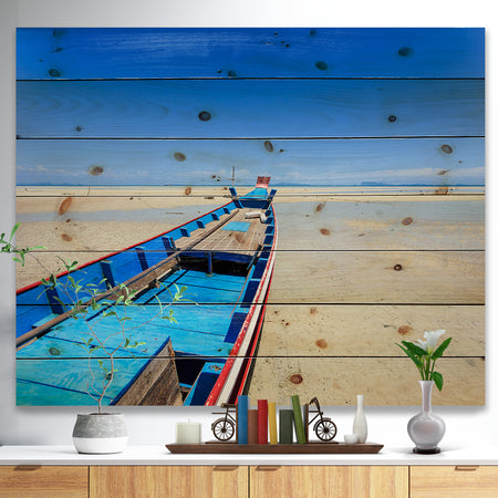 Long Tail Boat Stand at the Beach - Seashore Print on Natural Pine Wood