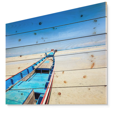 Long Tail Boat Stand at the Beach - Seashore Print on Natural Pine Wood