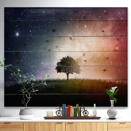 Single Tree Space Background - Trees Print on Natural Pine Wood
