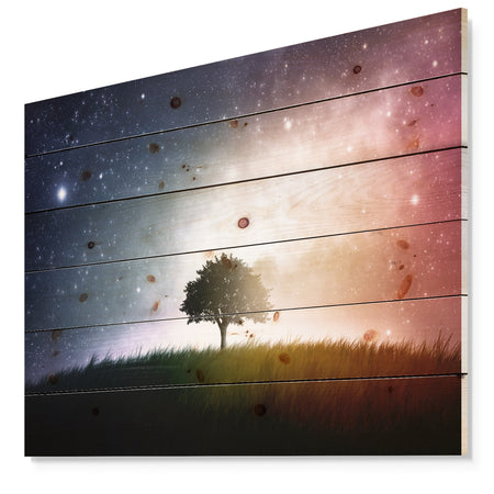 Single Tree Space Background - Trees Print on Natural Pine Wood
