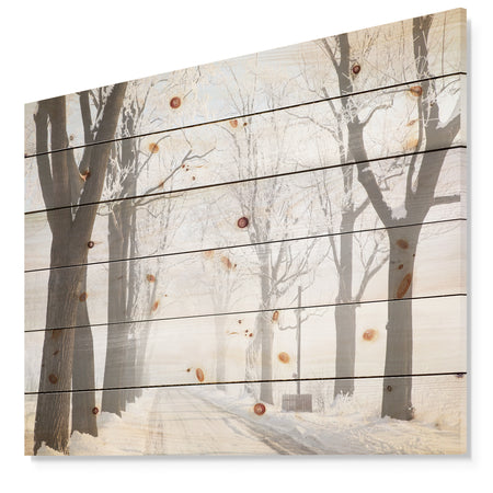 Misty Rural Road in Winter Forest - Forest Print on Natural Pine Wood