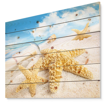 Message in Bottle Buried in Sand - Seashore Photo Print on Natural Pine Wood