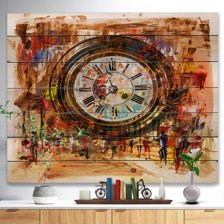 People and Time Acrylic Painting - Abstract Print on Natural Pine Wood