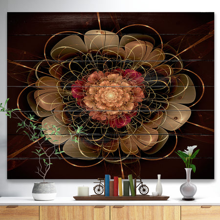 Dark Gold Red Fractal Flower Pattern - Floral Print on Natural Pine Wood