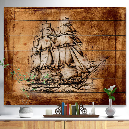 Ancient Sailboat Drawing - Seashore Print on Natural Pine Wood