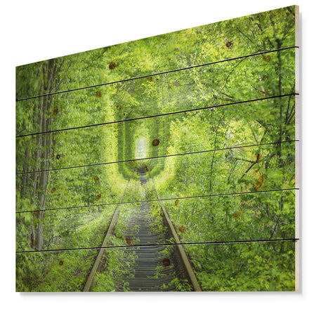 Forest around Rail Way Tunnel - Landscape Print on Natural Pine Wood