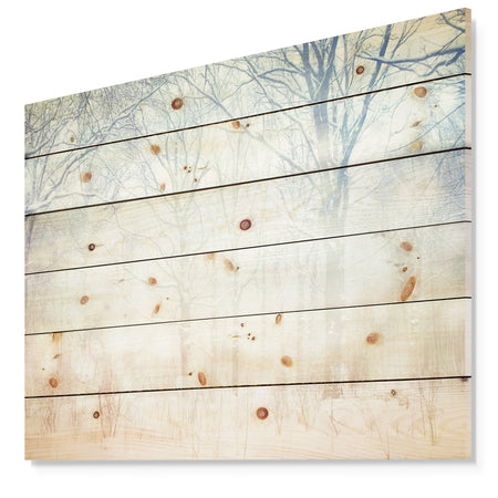 Winter with Foggy Forest - Landscape Print on Natural Pine Wood