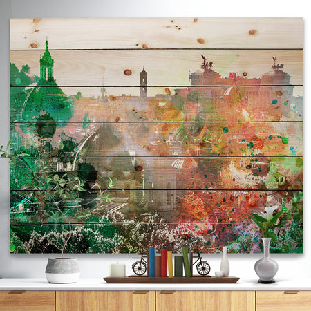Colorful City Watercolor - Landscape Print on Natural Pine Wood