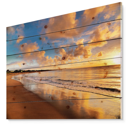 Colorful Sunset on the Beach - Landscape Print on Natural Pine Wood
