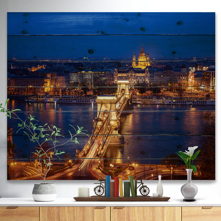 Illuminated Cain Bridge Budapest - Cityscape Print on Natural Pine Wood